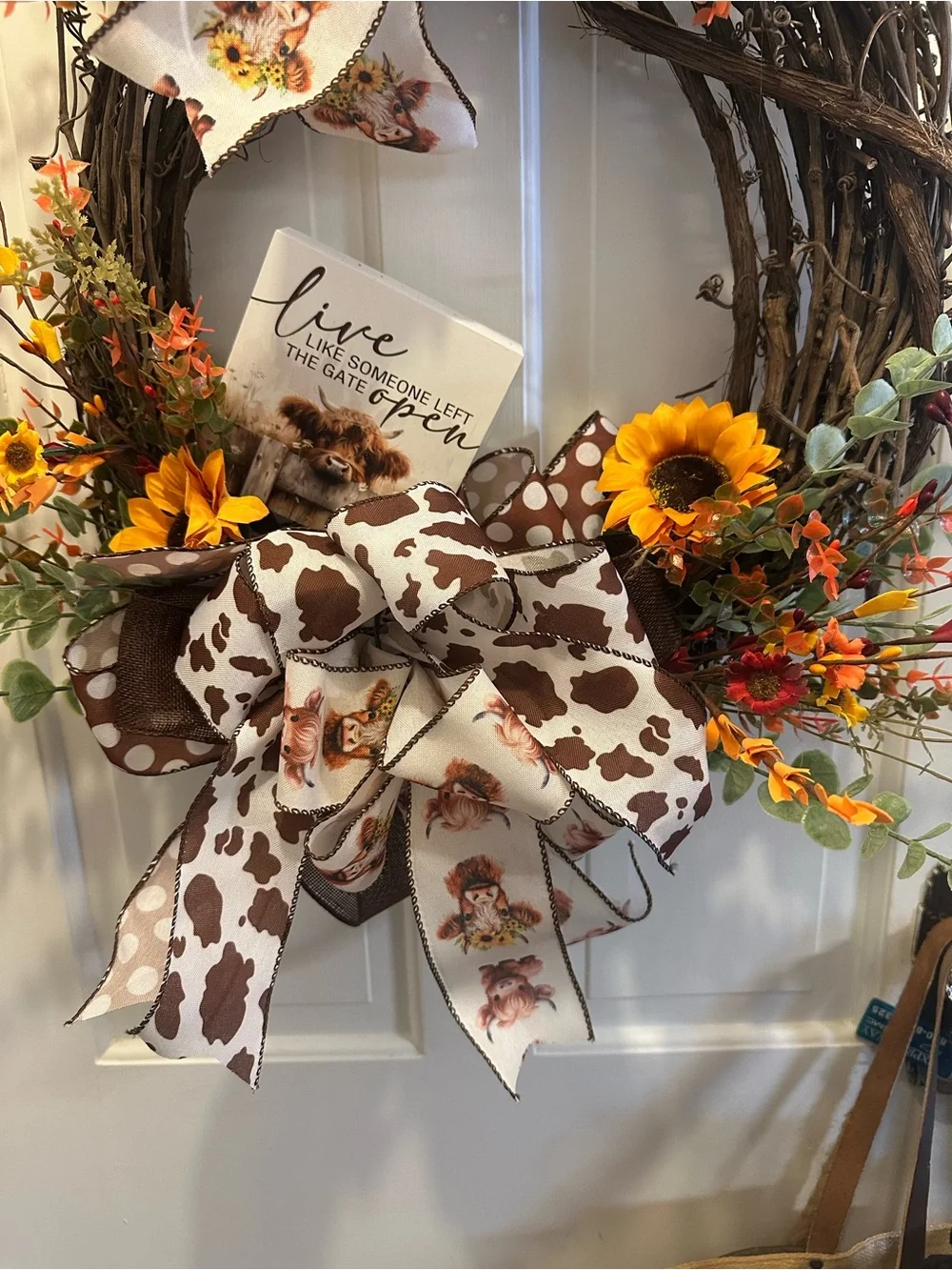 Home Holiday Rustic Sunflower & Cow Print Grapevine Wreath